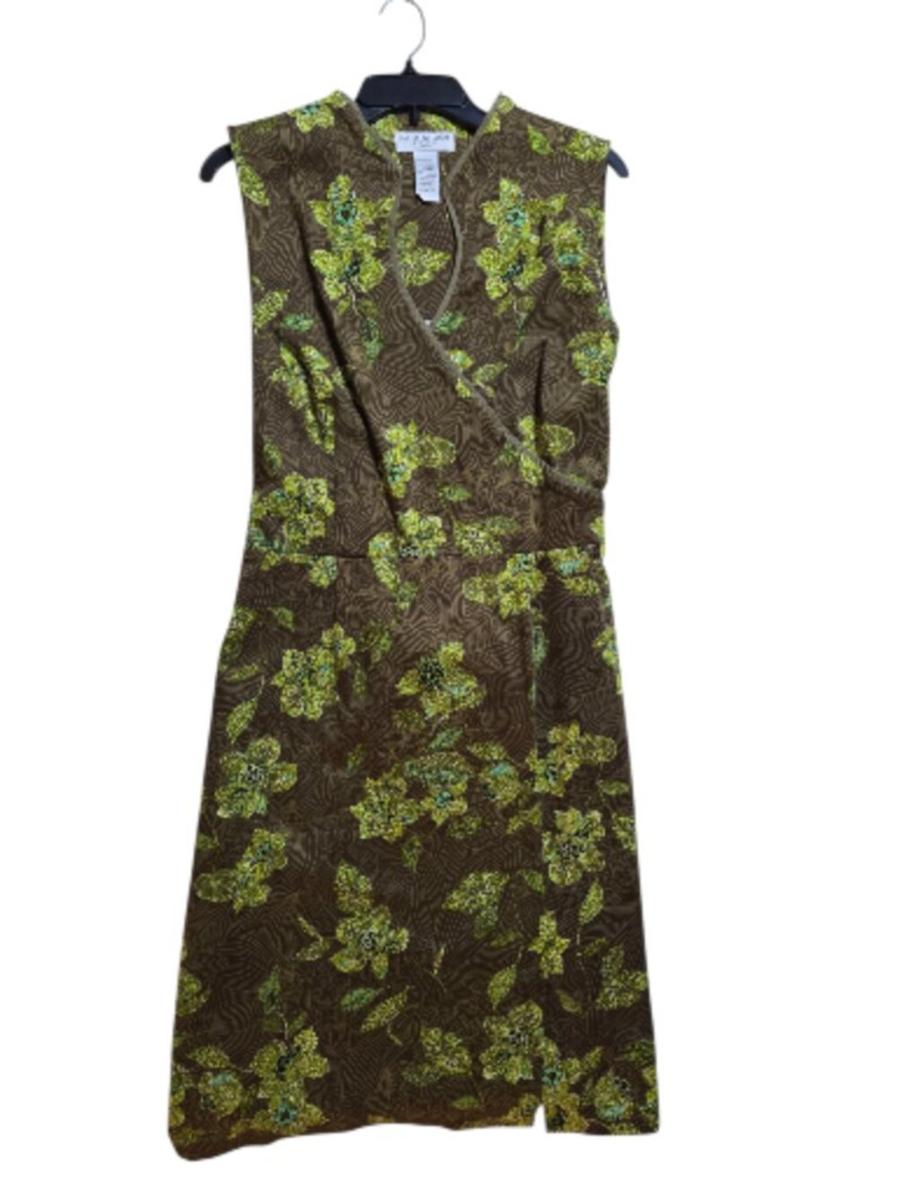 Sag Harbor Stretch Floral Sheath Dress 14 Brown Green Faux Wrap Cotton Career